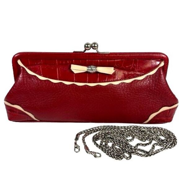 Brighton Handbags - Brighton Red Pebbled & Croc Leather Crossbody Evening Bag Clutch Chain Strap